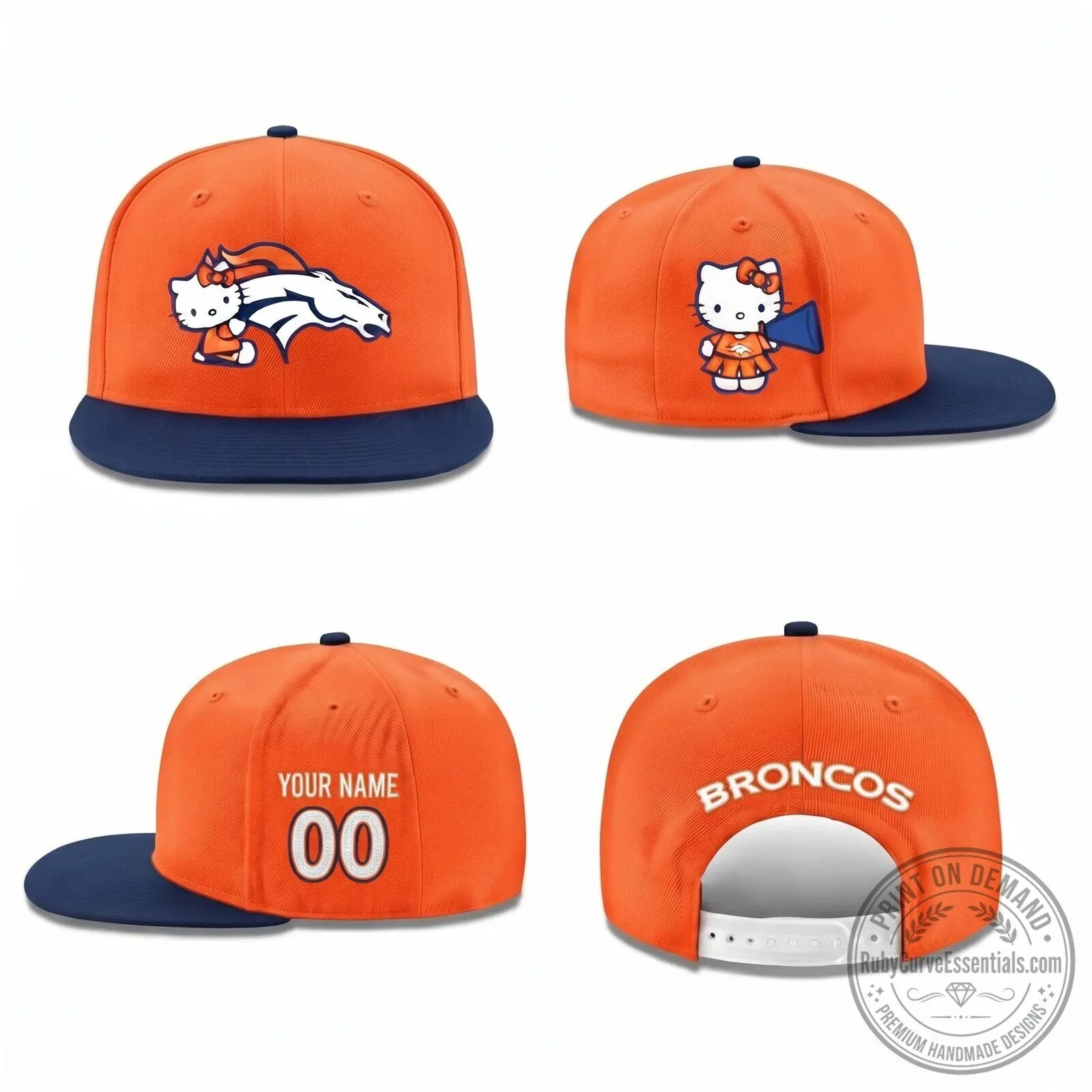 Hello Kitty Denver Broncos Personalized Black and Orange Snapback Cap Hat 6 Hello Kitty Denver Broncos Personalized Black and Orange Snapback Cap Hat