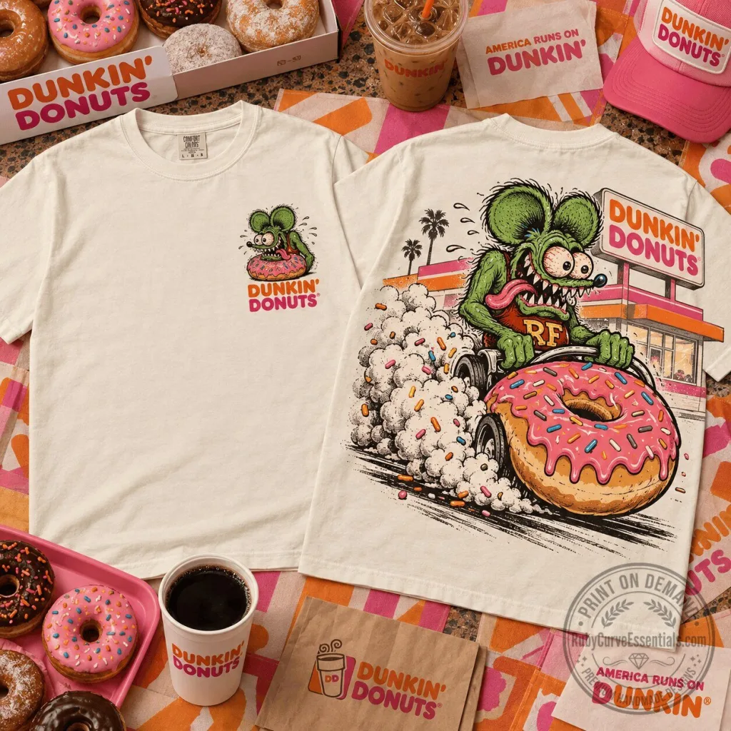 Dunkin' Donuts Rat Fink Hot Rod Donut Monster White Graphic T-Shirt Dunkin' Donuts Rat Fink Hot Rod Donut Monster White Graphic T-Shirt