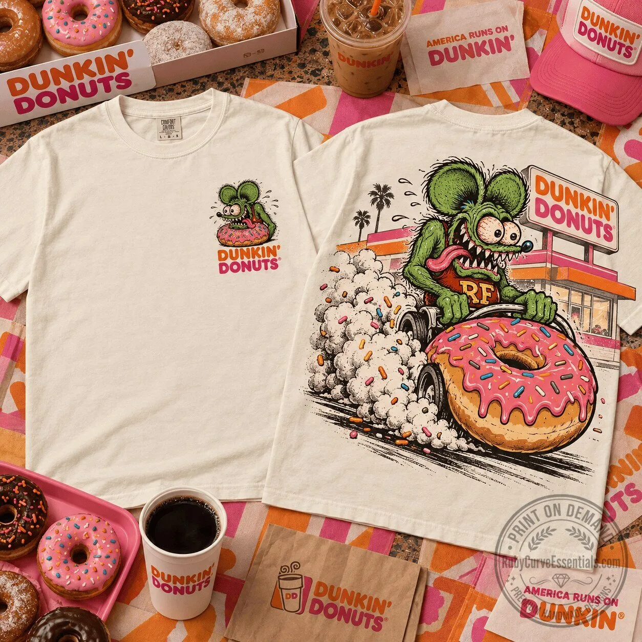 Dunkin' Donuts Rat Fink Hot Rod Donut Monster White Graphic T-Shirt 1 Dunkin