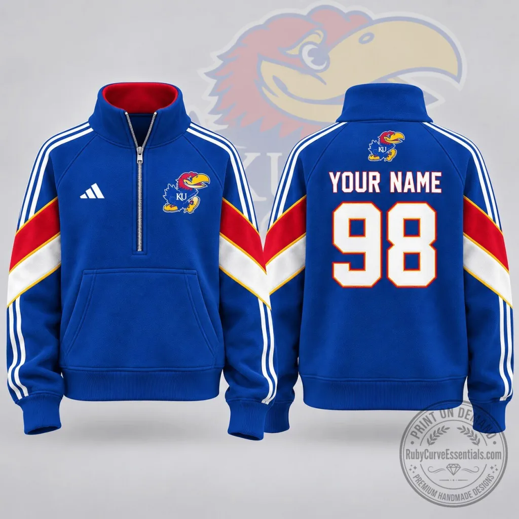 Kansas Jayhawks Personalized Victory Line Quarter Zip Pullover Sweatshirt Kansas Jayhawks Personalized Victory Line Quarter Zip Pullover Sweatshirt